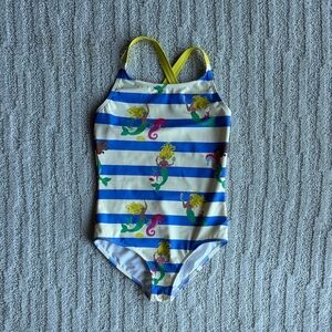 Mini Boden Blue and White Striped Mermaid One-Piece with Yellow Straps size 8-9